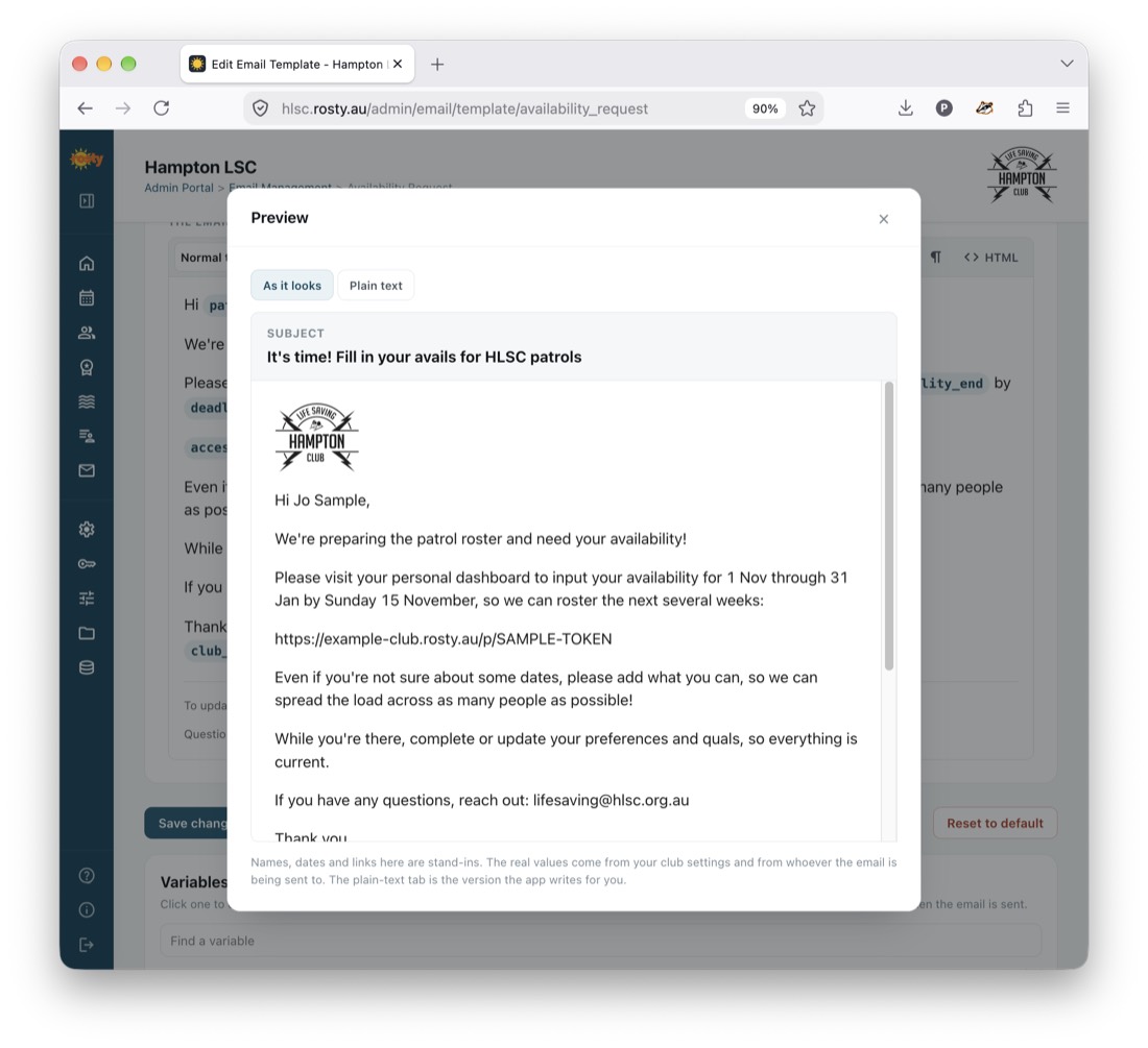 Preview of an availability request email with sample values filled in