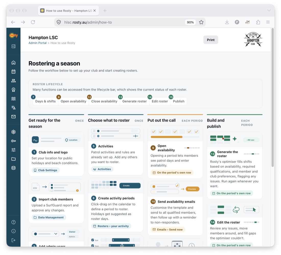 How to use Rosty: a numbered walkthrough of setting up and rostering a season