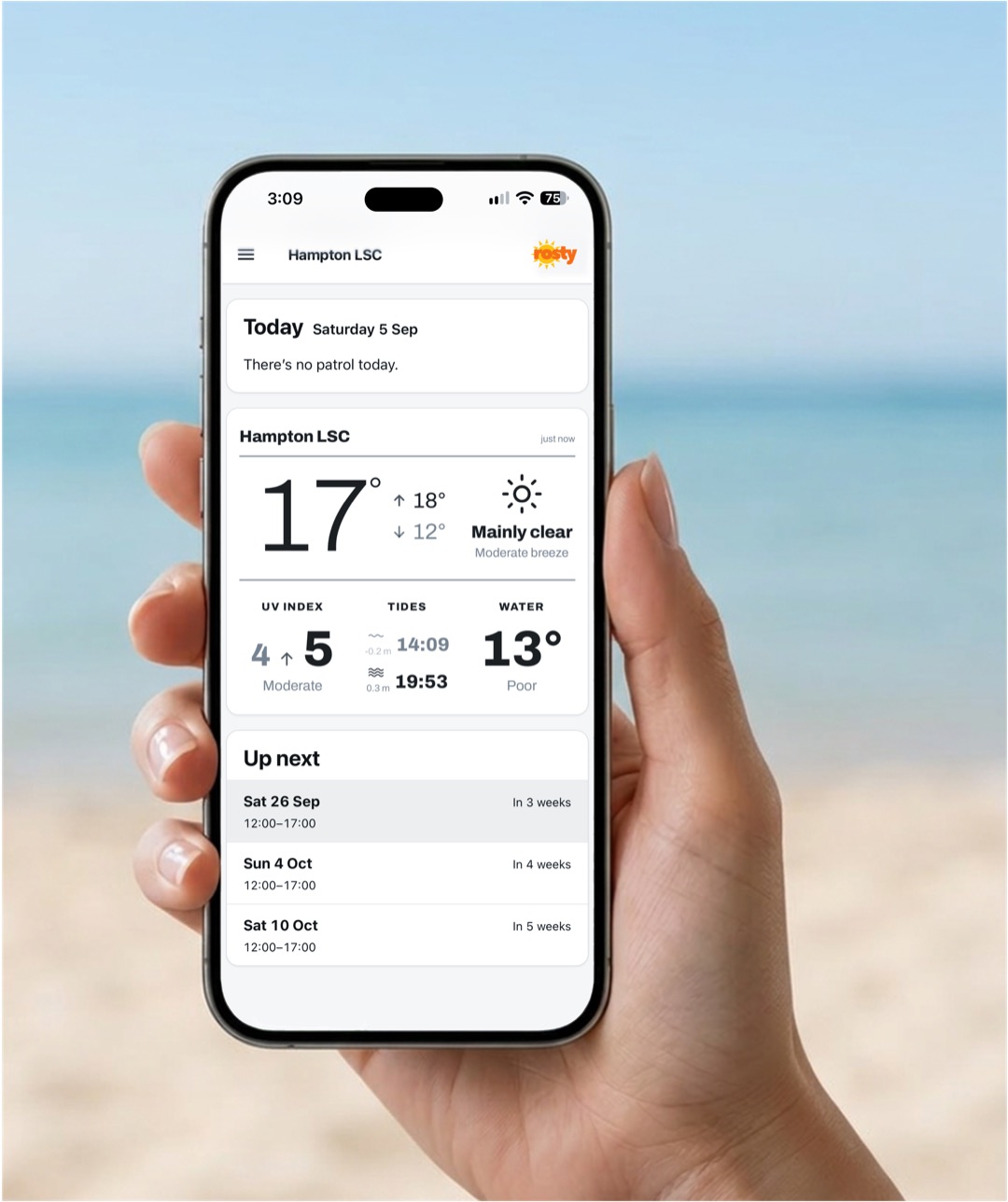 Rosty's Today screen on a phone at the beach, showing conditions and upcoming patrols