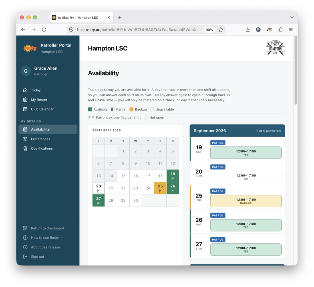 Availability screen with a month calendar beside a shift-by-shift list