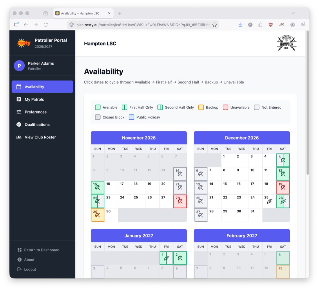 Availability calendar in the patroller portal
