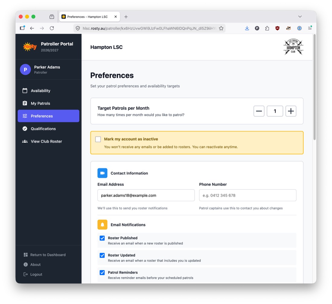 Preferences screen in the patroller portal