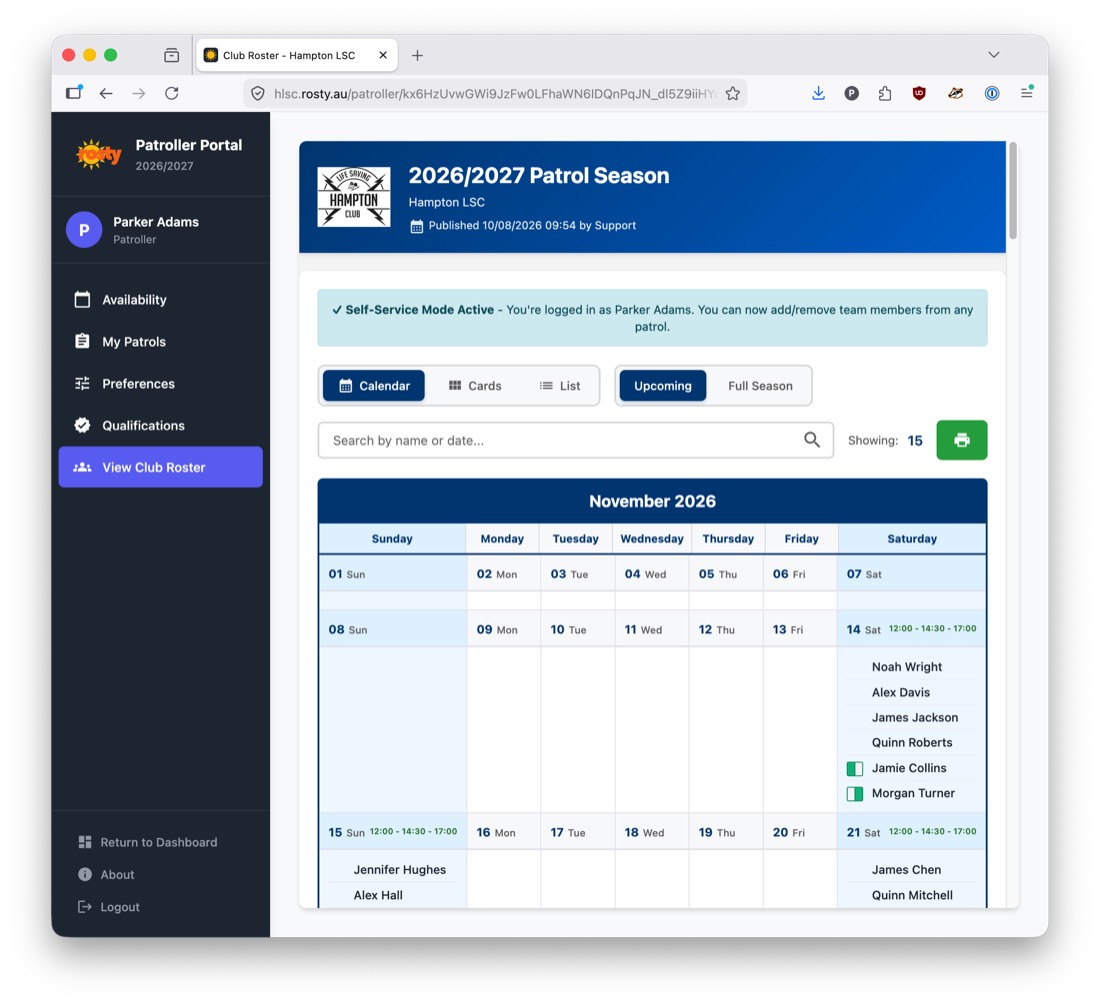 Club roster calendar view inside the patroller portal