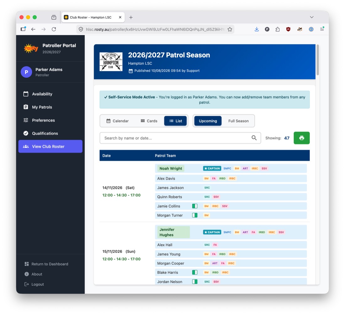 Club roster list view inside the patroller portal